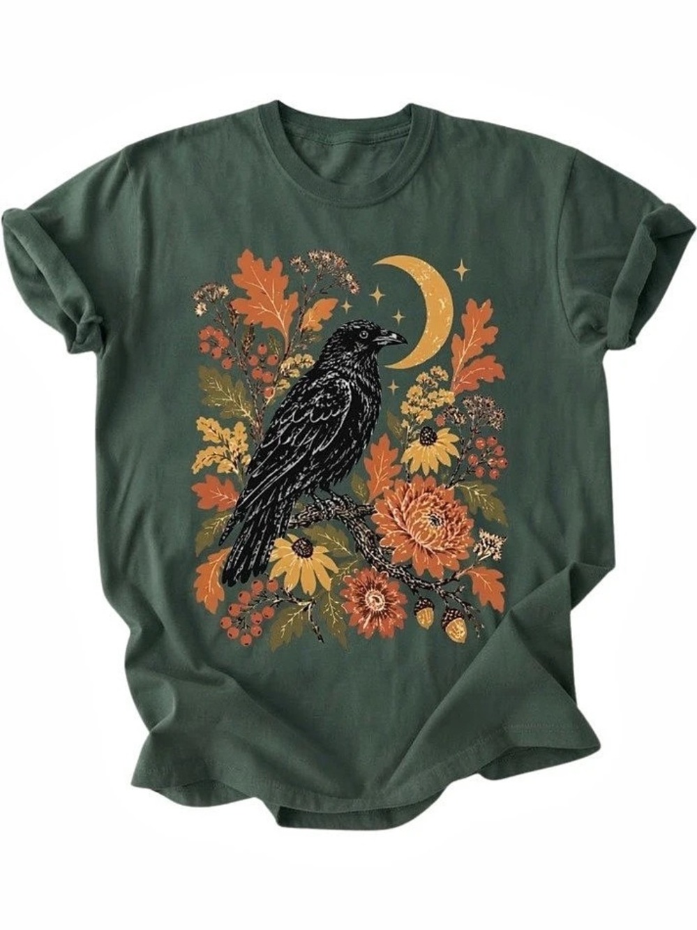 Celestial Crow Fall Raven Moon Floral Leaves Nature Gildan T-Shirt